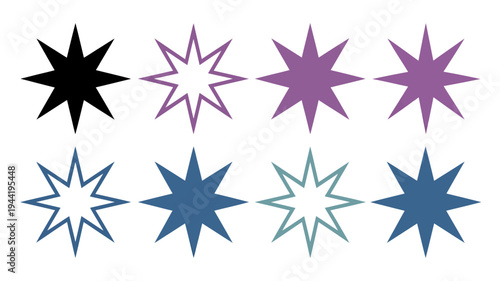 A collection of eight colorful pointed stars in varying shades are displayed against a clean white background offering a simple graphic high quality professional detailed modern