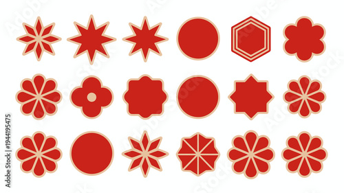 A collection of vibrant red geometric shapes and floral designs are displayed against a clean white background high quality professional detailed modern elegant stylish crisp colorful