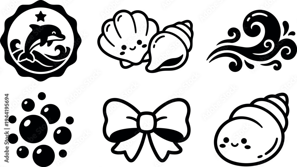 Fototapeta premium Cute kawaii style black and white vector icons set with smiling shells dolphin waves bubbles and bow outline design