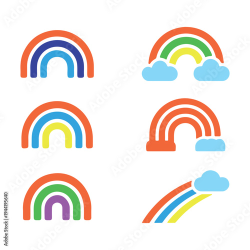 Set of colorful rainbow icons vector illustration on white background. Silhouette of rainbows with clouds.
