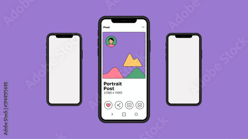 A mockup displaying a social media post on a smartphone screen presented with two additional blank phone displays high quality professional detailed modern elegant stylish clean