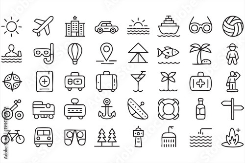 Beach Travel and Transportation Outline Icons for Tourism Marketing