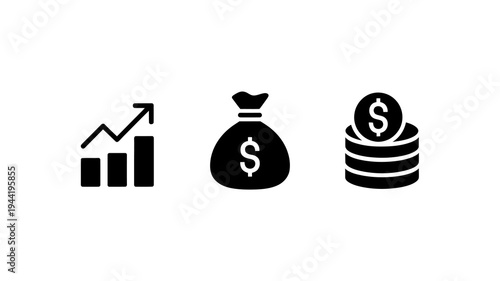 A black and white illustration depicts financial growth showcasing a rising graph a money bag and a stack of coins high quality professional detailed modern elegant