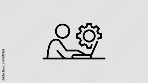 A minimalist line drawing depicts a person working on a laptop with a gear symbol floating above the screen high quality professional detailed modern elegant stylish