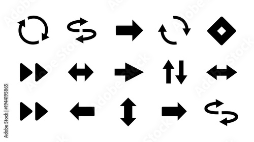A collection of black arrow icons and circular symbols depicting various directions movements and cyclical processes on a white background high quality professional detailed modern elegant