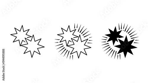 A simple black and white illustration depicts three stylized starbursts each with varying degrees of detail and radiating lines high quality professional detailed modern elegant stylish