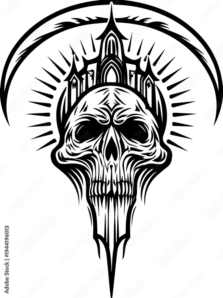 Fototapeta premium SVG cloaked reaper with ancient temples tattoo design vector. Intricate Black and White Skull Design with Gothic Elements