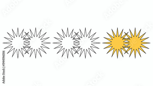 Three starburst shapes are displayed progressing from a black outline to a fully yellow radiating sun like image high quality professional detailed modern elegant stylish clean