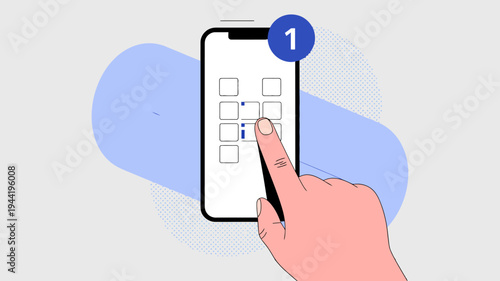 A hand is shown interacting with a smartphone screen specifically touching an app icon with a notification badge high quality professional detailed modern elegant stylish clean