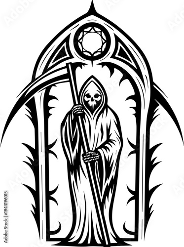 SVG cloaked reaper with ancient temples tattoo design vector. Grim Reaper Illustration in Gothic Architecture Style for Artwork
