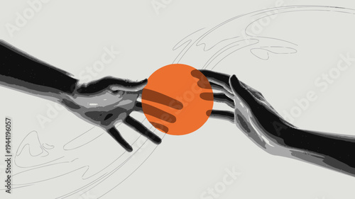 Two hands reach towards each other almost touching a vibrant orange sphere against a neutral grey abstract background high quality professional detailed modern elegant stylish clean