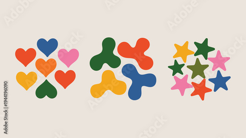A colorful arrangement of abstract shapes hearts blobs and stars are displayed against a pale beige background creating a playful design high quality professional detailed modern