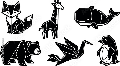 Geometric style minimalist black and white fox giraffe whale bear crane and penguin animal icons in flat vector design