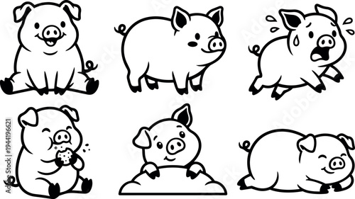 Cute black and white cartoon pig characters showing various emotions and actions in playful vector line art style