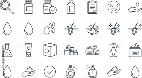 Skincare cosmetic icons set, dermatology beauty products hair follicle lotion cream illustration collection - flavector
