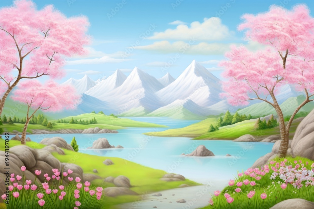 Fototapeta premium PNG Painting of Spring mountains landscape outdoors nature.