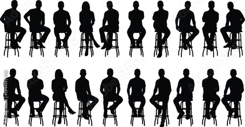 Large collection of diverse people silhouettes sitting on bar stools featuring men and women in various relaxed and professional poses for architectural and lifestyle projects