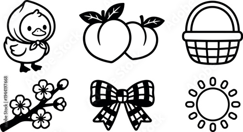 Cute duckling wearing scarf peaches with leaves woven basket cherry blossoms plaid bow and sun vector icons set in simple line art