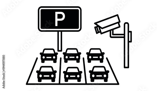Parking lot with cars and security camera