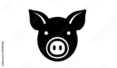 A black and white illustration of a pig's head with a red logo in the corner