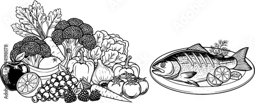 Healthy eating icon featuring various nutritious foods and CALORIES text for diet and wellness tracking – Black Vector Illustration