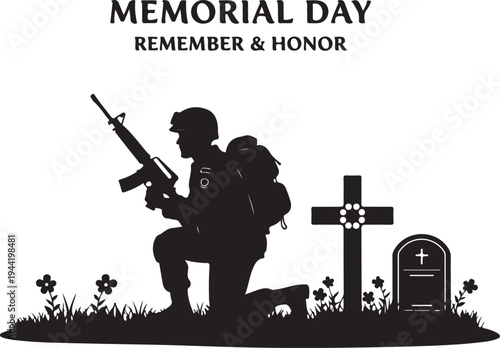 Memorial Day vector illustration of soldier kneeling by grave