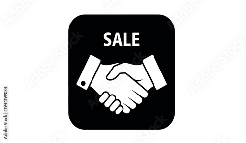 Handshake sale icon with two hands and text on a black background