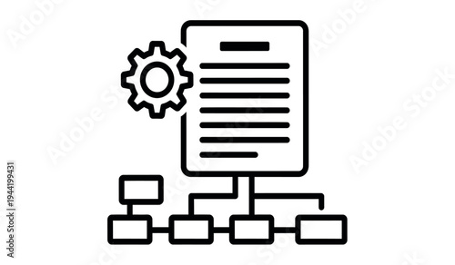 A flowchart or process diagram with a document and gear connected to boxes