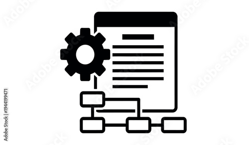 A flowchart document with a gear icon and process diagram