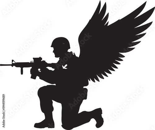 Vector silhouette of soldier with angel wings