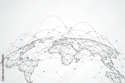 Global network connections illustrated on a world map with lines and dots.