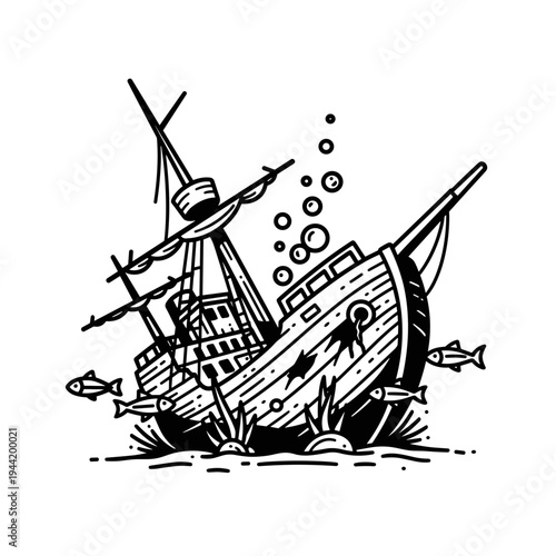 Illustration of a Sunken Shipwreck with Fish and Bubbles.