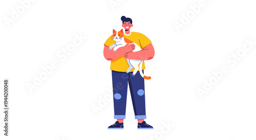 A happy person is holding a cute cat in his arms, showcasing a loving bond between owner and pet, set against a clean white background