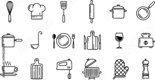 Kitchenware icon set featuring simple outline designs of cooking equipment and food serving utensils – Black Vector Illustration