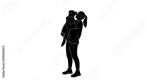 A person lovingly holds a small dog in their arms, creating a heartwarming silhouette against a white background