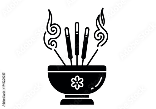 Black and white illustration of a decorative bowl with burning incense sticks and smoke