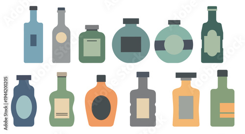 A collection of stylized bottles for spirits or alcoholic beverages, featuring various shapes and colors in a flat design style.