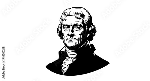 Black and white illustration of Thomas Jefferson, a prominent American Founding Father and the third U.S. President, depicted in a historical portrait style.