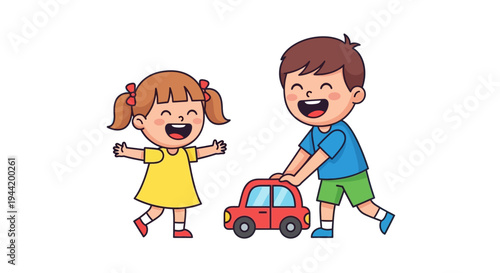 Two happy cartoon children, a boy and a girl, playing with a red toy car, expressing joy and friendship.