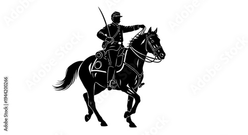 A detailed black silhouette of a cavalry soldier riding a horse, holding a sword, depicting a historical military figure.