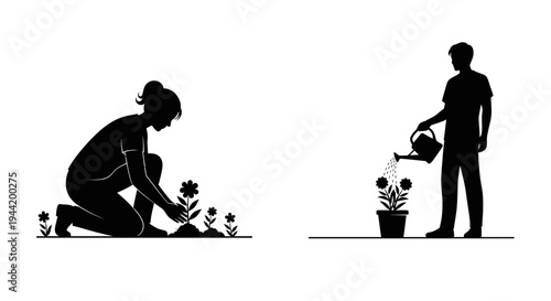 Silhouettes of a woman planting flowers and a man watering a potted plant, depicting gardening activities.