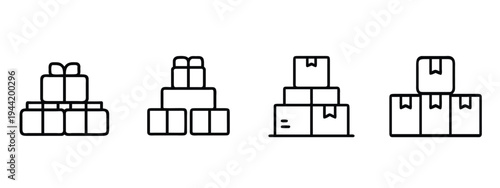 Gift box stack and surprise present outline icon set featuring pile of parcels for delivery and more vector illustration or editable stroke