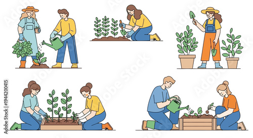 Various illustrations of people engaged in gardening activities, including planting seedlings, watering plants, and tending to garden beds and potted plants.