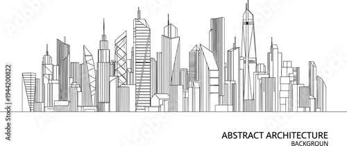 Expansive architectural skyline of a modern metropolitan district featuring a diverse range of contemporary skyscraper silhouettes and a clean horizontal baseline.