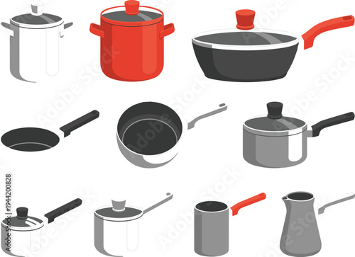 Professional kitchenware collection, variety of pots, pans, and saucepans for home cooking, kitchen equipment set