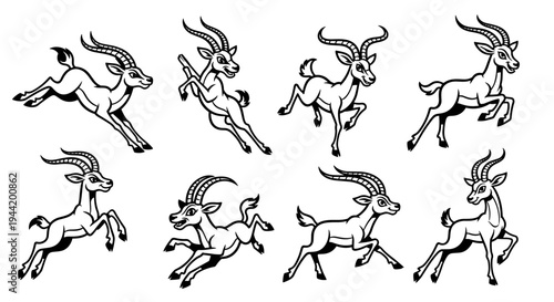 Collection of dynamic gazelle illustrations in various running and leaping poses.