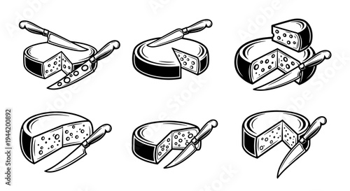 Set of vintage cheese wheels with knives in various angles.
