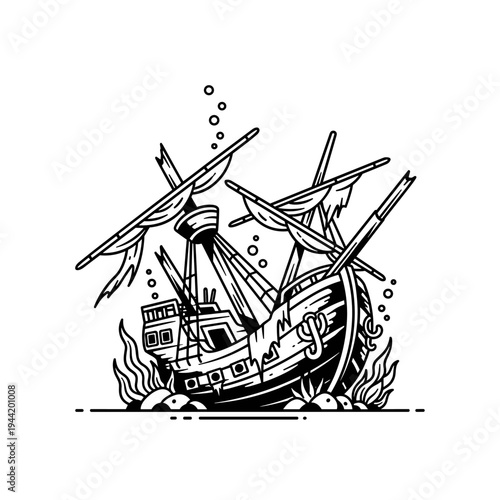 Sunken Shipwreck Illustration with Bubbles and Underwater Plants.