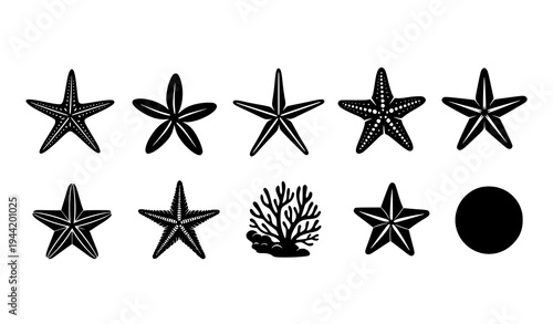Minimalist starfish icons collection with marine sea star silhouettes for ocean design isolated on transparent background
