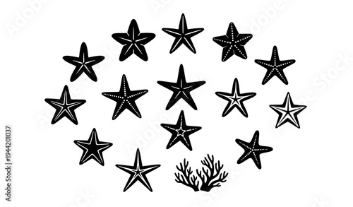 Starfish vector icon set with sea star silhouettes for marine ocean beach and underwater design isolated on transparent background